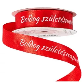   20 mm-es piros szatén szalag "Boldog születésnapot" 