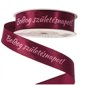   20 mm-es szatén szalag – wine red, „Boldog születésnapot” felirattal