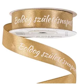   20 mm-es szatén szalag – aranybarna „Boldog születésnapot” feliratta