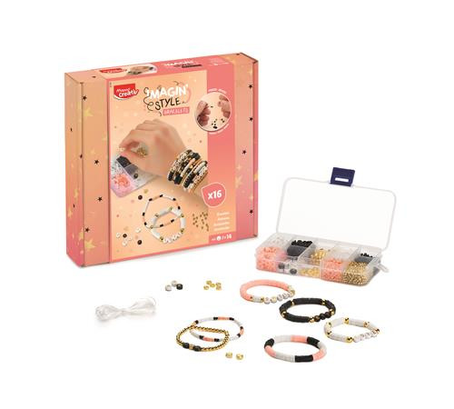 MAPED CREATIV „Imagin’ Style Glam” karkötőkészítő készlet – Fekete-arany gyöngyök, 16 minta, 5–11 éveseknek