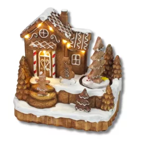 Világítós mézeskalács falu forgós fenyővel