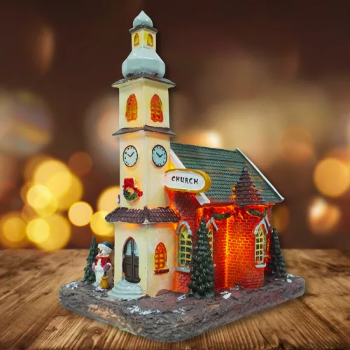 Világítós karácsonyi templom - LED-es téli dísz