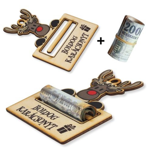 Nyomtatott fa - Karácsonyi pénztartó - rénszarvas 10x11,7cm