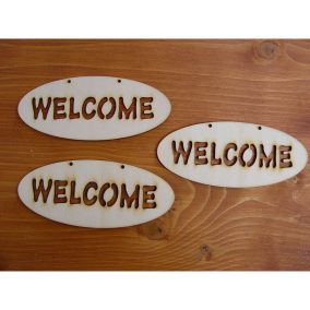   Natúr fa - "Welcome" áttört ovál táblák 6x14cm 3db/csomag