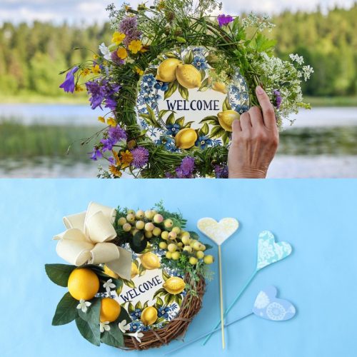 Nyomtatott fa tábla koszorú közép - Welcome citromos 11,8cm