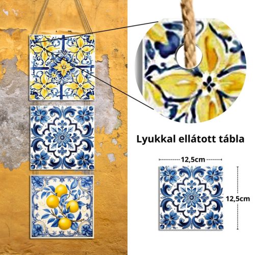 Nyomtatott fa tábla - Mediterrán csempe minta - kék-sárga 12,5x12,5cm