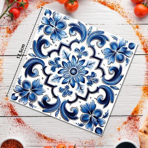 Nyomtatott fa tábla - Mediterrán csempe minta - kék sima 12,5x12,5cm