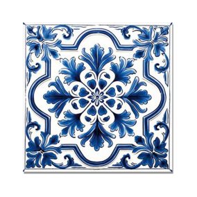   Nyomtatott fa tábla - Mediterrán csempe minta - kék keretes 12,5x12,5cm
