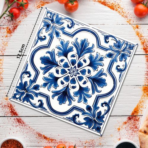 Nyomtatott fa tábla - Mediterrán csempe minta - kék keretes 12,5x12,5cm