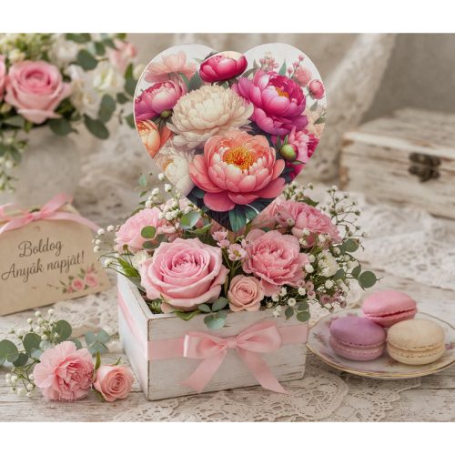 Nyomtatott fa tábla - Pünkösdi rózsás szív 9,6cm 2db/csomag