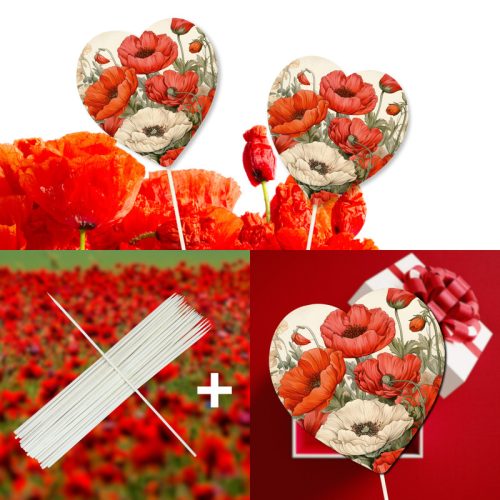 Nyomtatott fa tábla - Pipacsos szív 9,6cm 2db/csomag