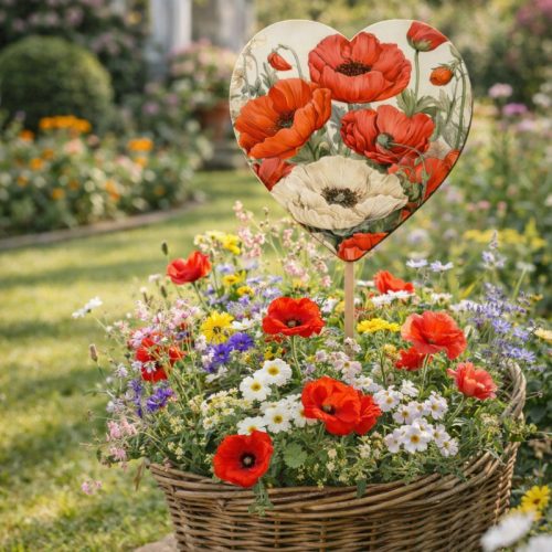 Nyomtatott fa tábla - Pipacsos szív 9,6cm 2db/csomag