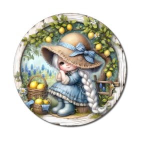   Nyomtatott fa tábla koszorú közép - Citromos lány 11,8cm