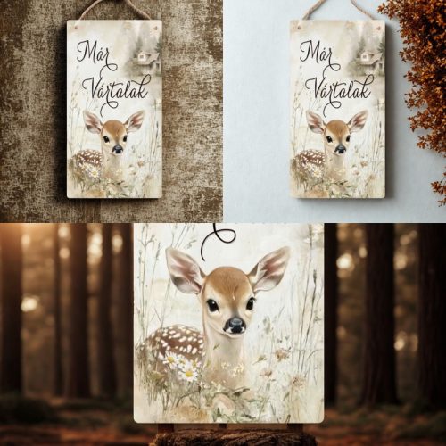 Nyomtatott fa tábla - Erdei állatok- Már vártalak akasztós tábla 13x24,3cm