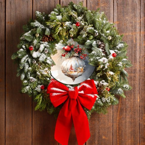 Nyomtatott fa tábla koszorú közép - Karácsonyi piros téma koszorú közép 11,8cm