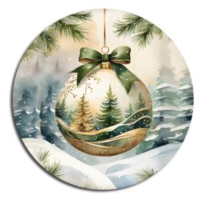   Nyomtatott fa tábla koszorú közép - Karácsonyi zöld téma koszorú közép 11,8cm