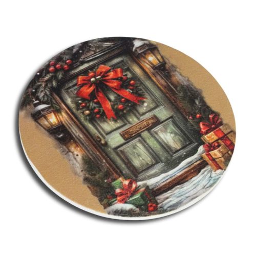 Nyomtatott fa tábla koszorú közép - Karácsonyi piros-zöld téma koszorú közép 11,8cm