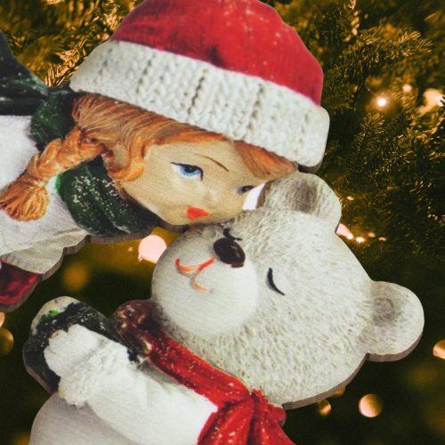 Nyomtatott dekorkarton - Kislány macival 10x13cm