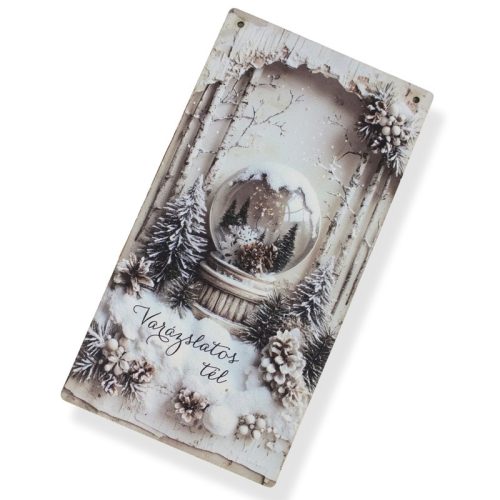 Nyomtatott fa tábla - Vintage fehér téma - hógömb 13x24,3cm