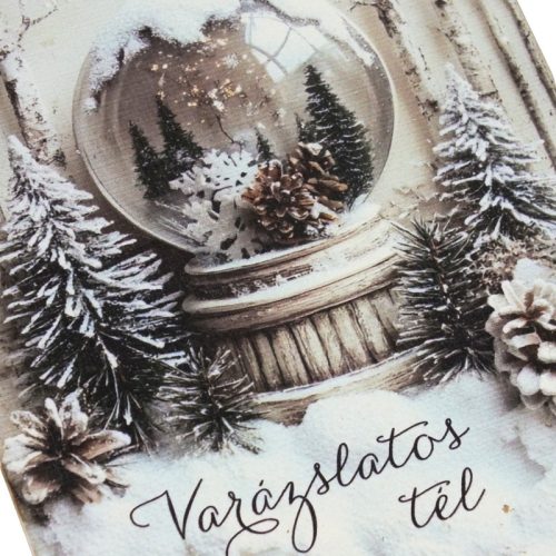 Nyomtatott fa tábla - Vintage fehér téma - hógömb 13x24,3cm