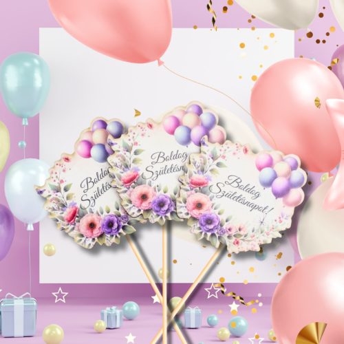  Nyomtatott dekorkarton - Lufis torta szülinap rózsaszín 3db/csomag