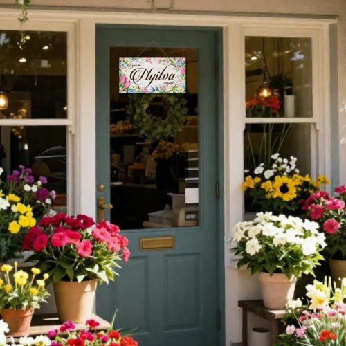 Nyomtatott fa tábla - Zárva-Nyitva 24,3x13cm - rózsaszín tulipános