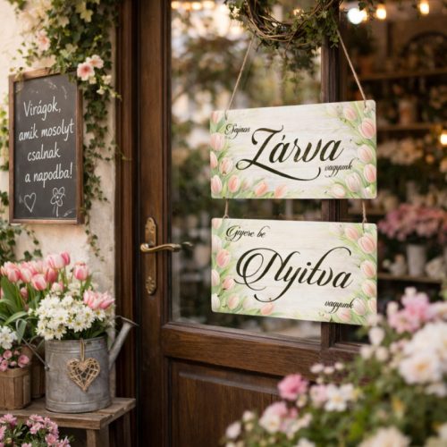 Nyomtatott fa tábla - Zárva-Nyitva 24,3x13cm - pasztell tulipános