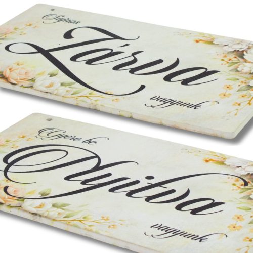 Nyomtatott fa tábla - Zárva-Nyitva 24,3x13cm - pasztell rózsás