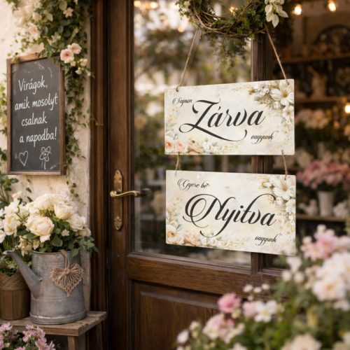 Nyomtatott fa tábla - Zárva-Nyitva 24,3x13cm - pasztell rózsás