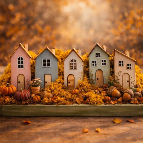 Nyomtatott dekorkarton - Pasztell házikók 5db/csomag