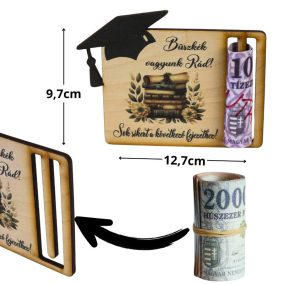   Nyomtatott fa - Diplomaosztó és ballagási pénztartó - kalappal 12,5x9,5cm