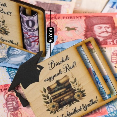 Nyomtatott fa - Diplomaosztó és ballagási pénztartó - kalappal 12,5x9,5cm