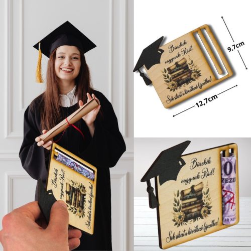 Nyomtatott fa - Diplomaosztó és ballagási pénztartó - kalappal 12,5x9,5cm