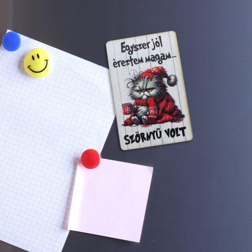 Nyomtatott dekorkarton - Morcos macska "Egyszer.." hűtőmágnes
