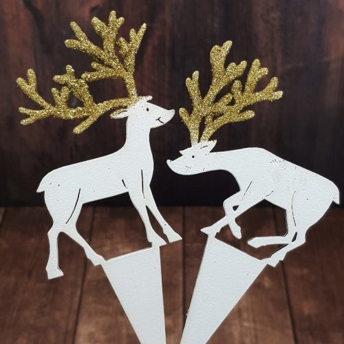 Natúr fa - Beszúrós szarvas pár 2db/cs fehér-arany csillámos