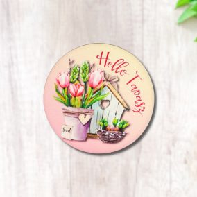 Nyomtatott fa tábla - Hello Tavasz - tulipános, kör 1db