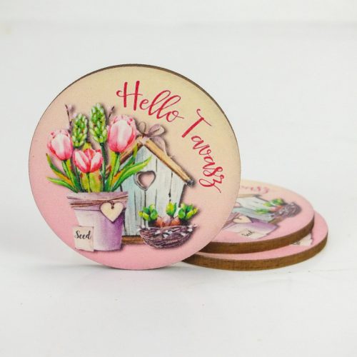 Nyomtatott fa tábla - Hello Tavasz - tulipános, kör 3db/cs
