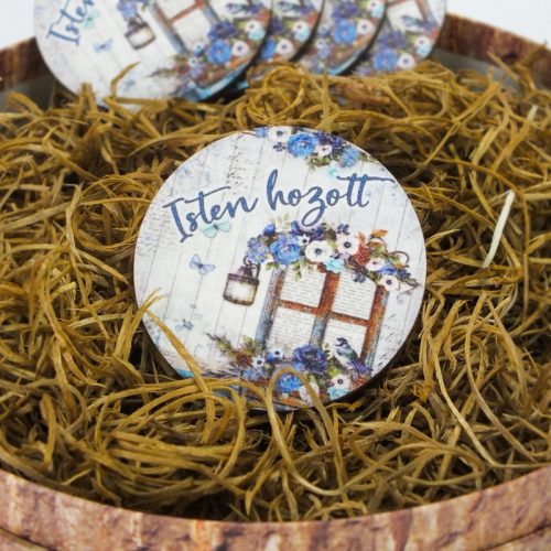 Nyomtatott fa tábla - Isten Hozott - kék, kör 3db/cs