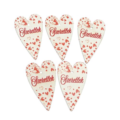 Nyomtatott fa tábla - Szeretlek szív 6cm fehér 5db