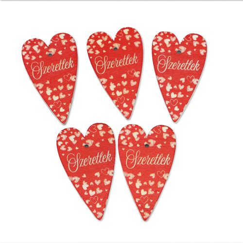 Nyomtatott fa tábla -Szeretlek szív 6cm piros 5db