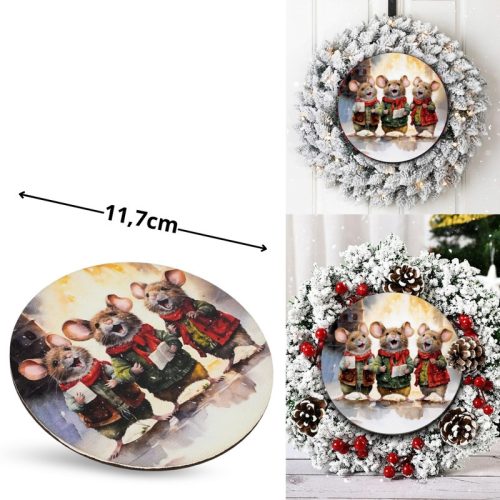 Nyomtatott fa tábla koszorú közép - Éneklő egérkék 11,8cm