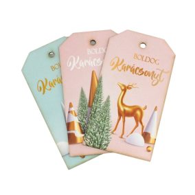   Nyomtatott dekorkarton - Pasztell-arany Boldog karácsonyt biléta 3db/csomag