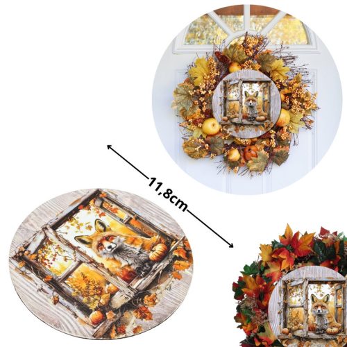 Nyomtatott fa tábla koszorú közép - Őszi ablak róka 11,8cm