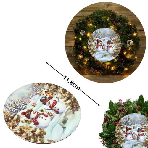 Nyomtatott fa tábla koszorú közép - Hóemberek téli táj 11,8cm