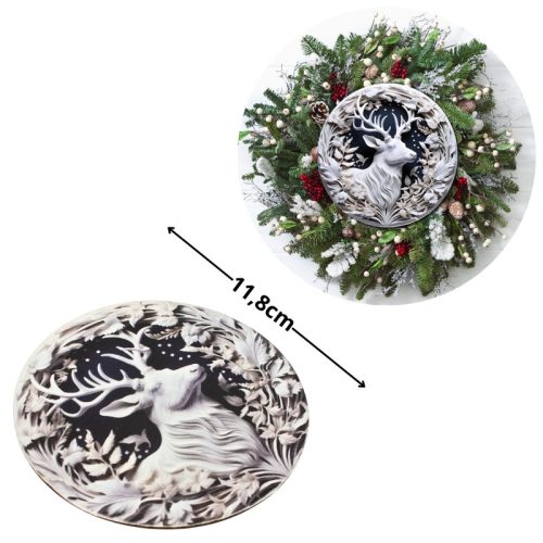 Nyomtatott fa tábla koszorú közép - Fehér szarvas 11,8cm