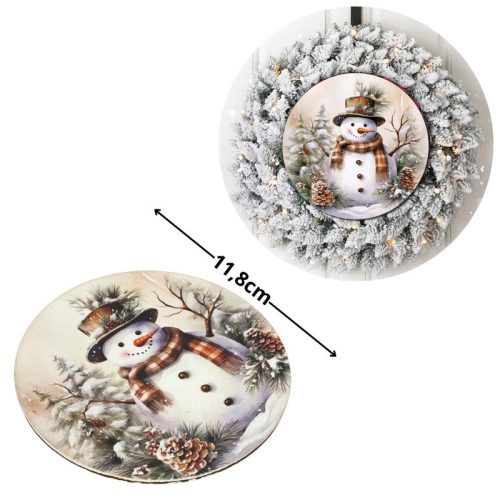 Nyomtatott fa tábla koszorú közép - Mosolygós hóember 11,8cm
