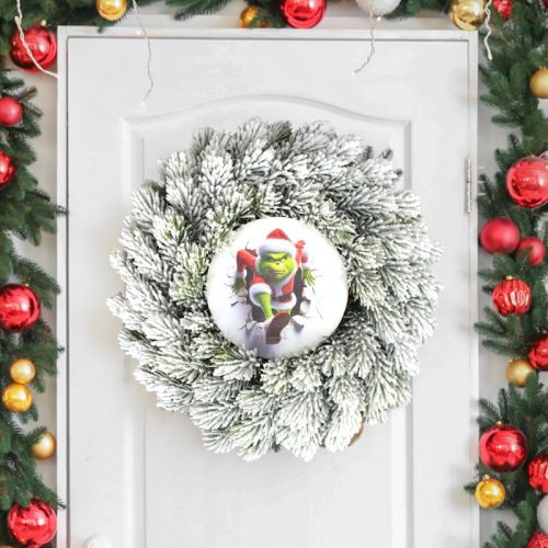 Nyomtatott fa tábla koszorú közép - Faltörő grincs 11,8cm