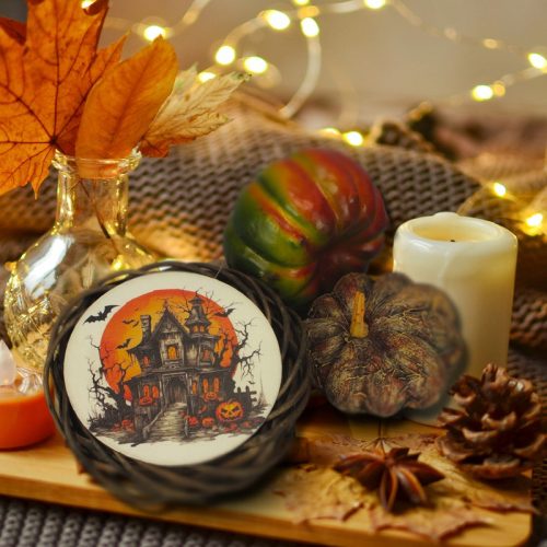 Nyomtatott fa tábla koszorú közép - Halloween kastély 11,8cm