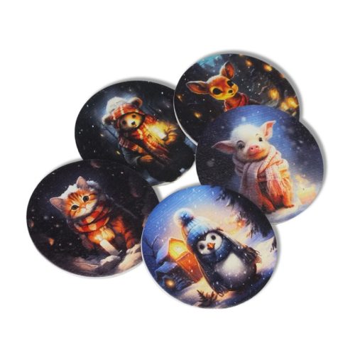 Nyomtatott fa tábla - Téli kisállatok 5db/csomag