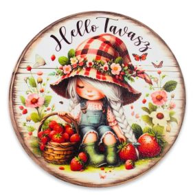   Nyomtatott fa tábla - Hello tavasz kislány koszorú közép 11,8cm